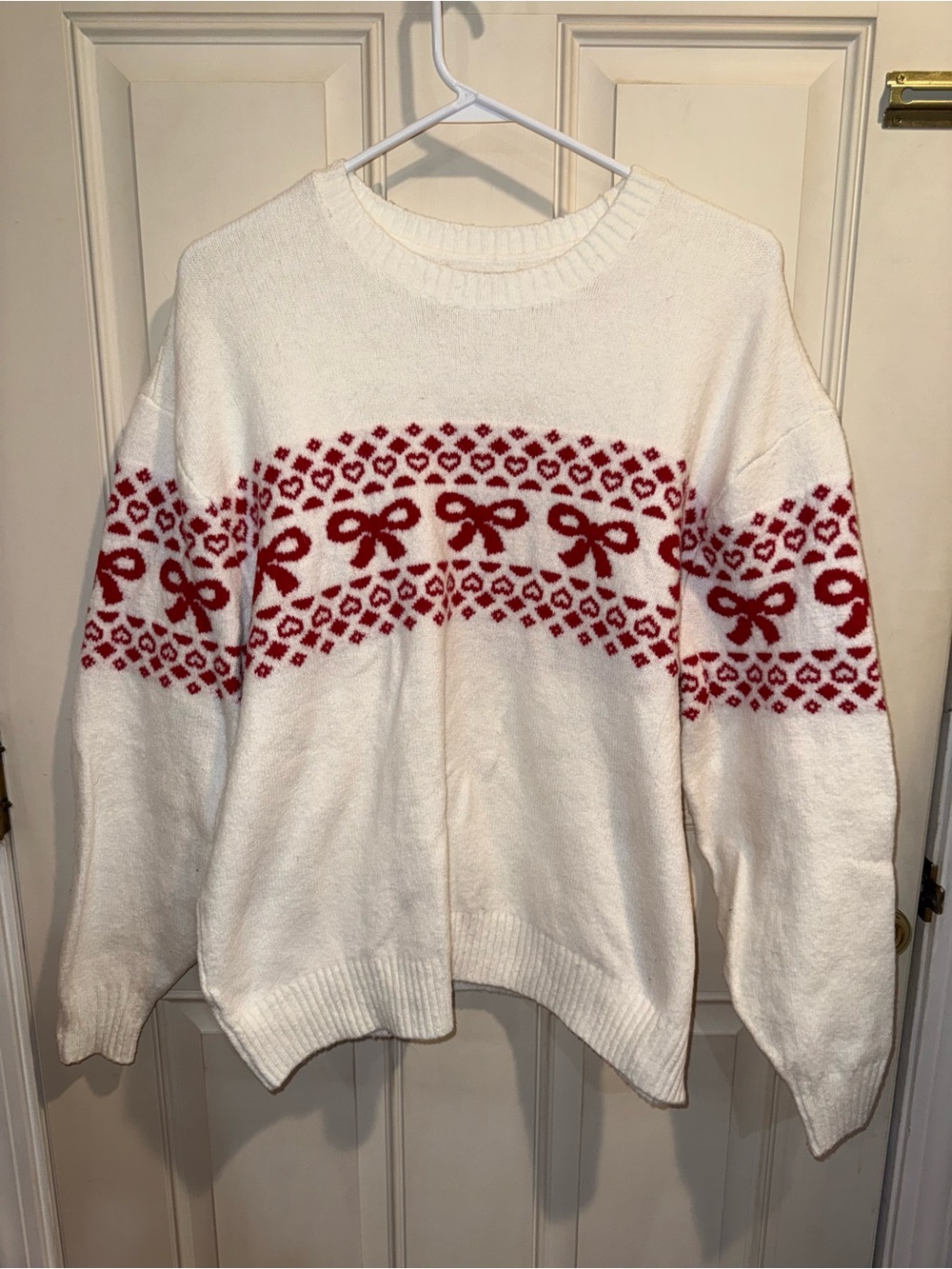 Cozy White and Red Bow Pattern Sweater